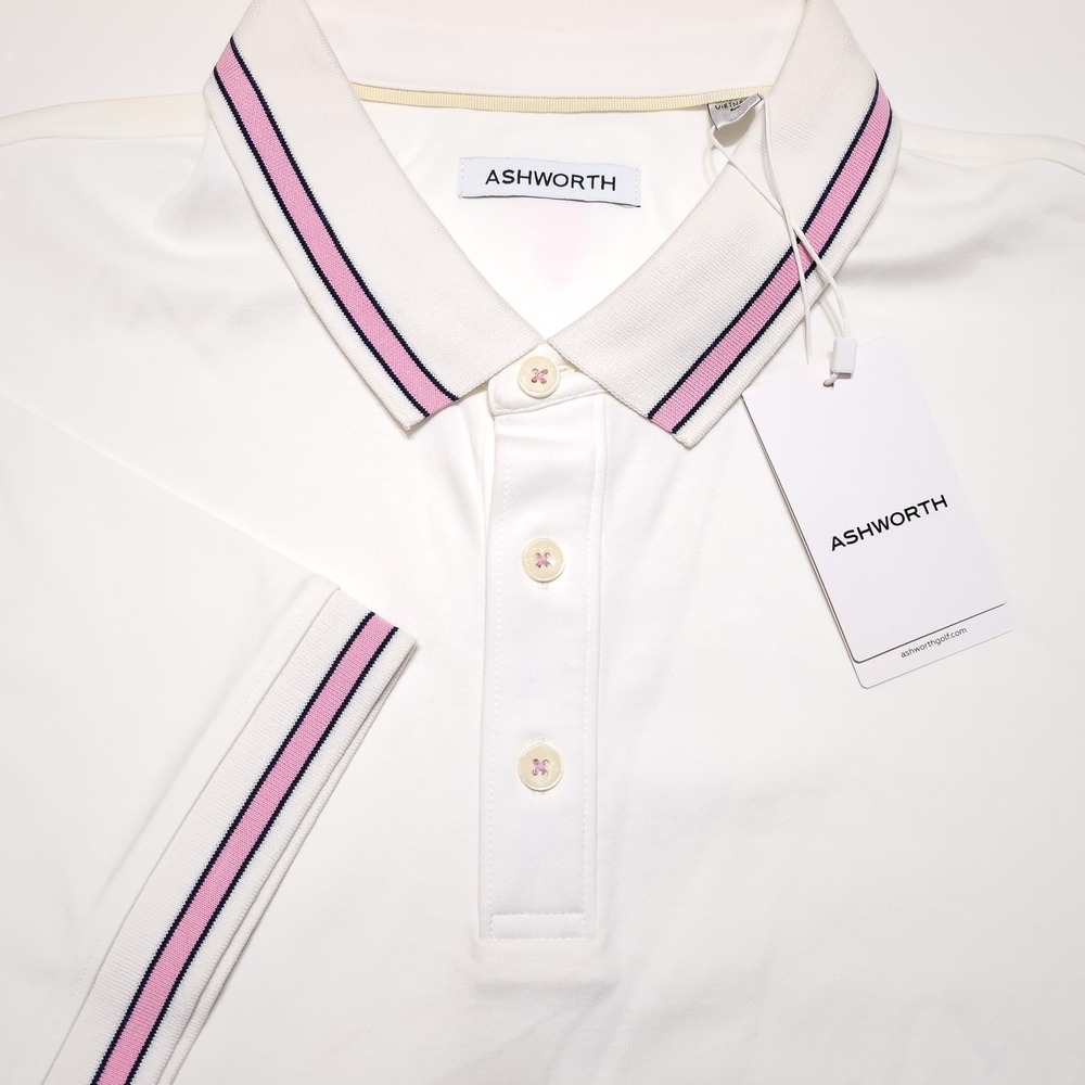 ASHWORTH Polo Shirt Mens Large White NWT Pima Cotton Blend Pink Striped Trim
